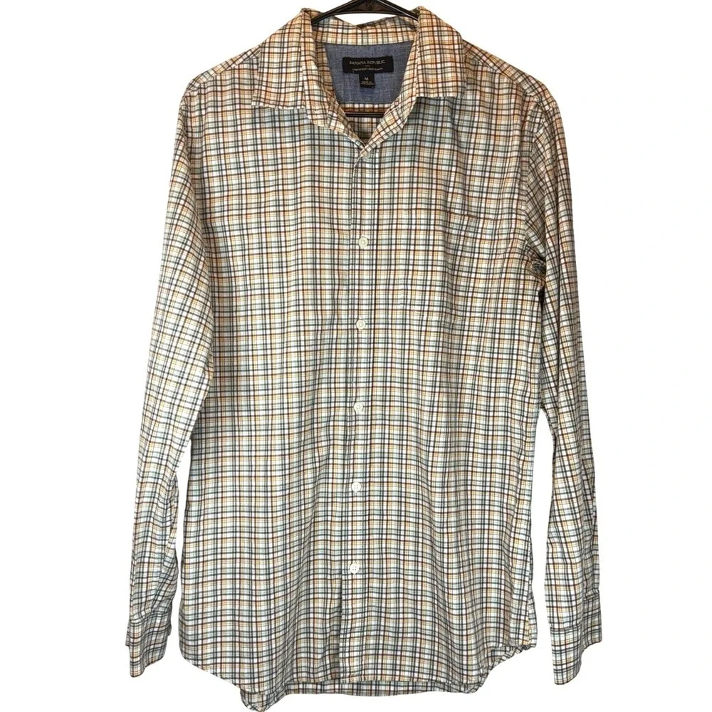 Banana Republic Mens Medium Button Up Shirt Tan Plaid Soft Wash Stretch Slim Fit